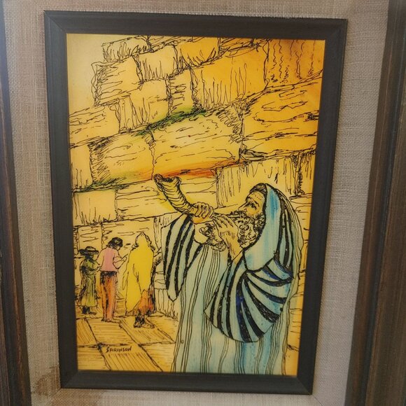 Vintage Mexican Reverse Glass Painting Rabbi Blowing Shofar In Wooden Frame - Picture 9 of 13